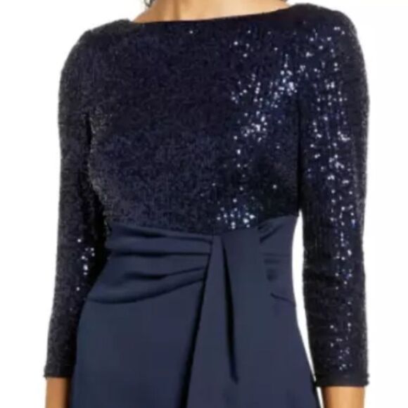 NWT ELIZA J Navy Sequin Bodice Stretch Knit Skirt Pleated Bow Detail Maxi Gown 8 - Picture 5 of 10